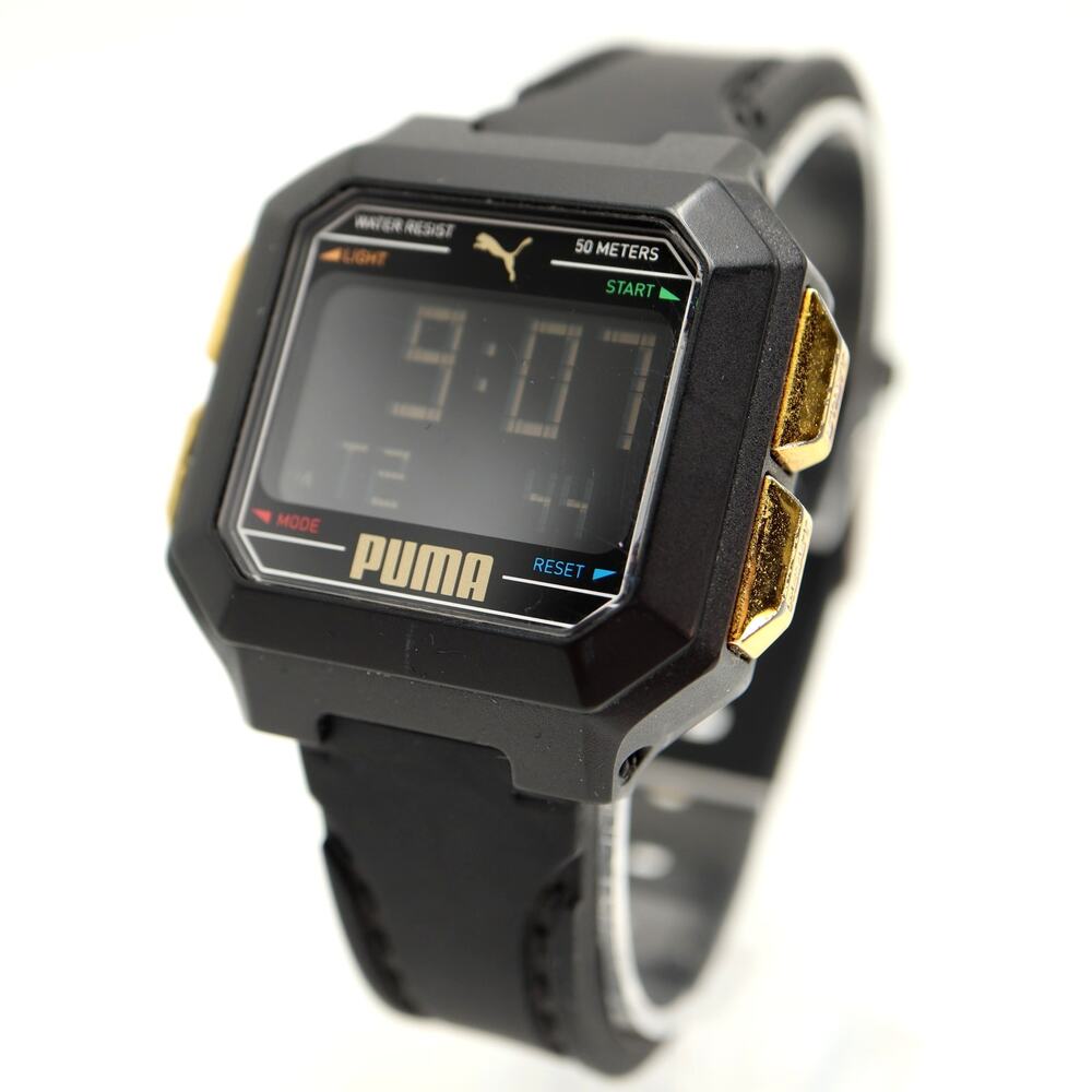 Puma Mens Black Gold 40mm Digital Watch Chrono Square Silicone with New Battery